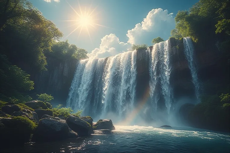 Beautiful Nature Ideas with Waterfalls 14 Waterfall with rainbow forming in mist under sunlight and lush green surroundings.