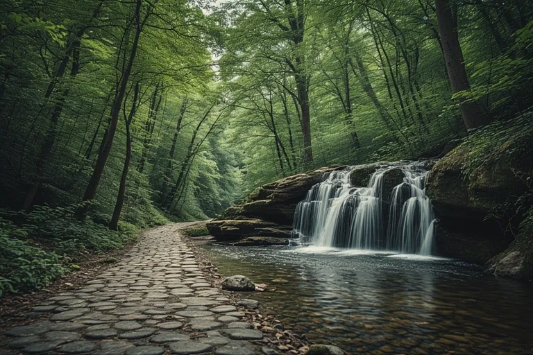 Beautiful Nature Ideas with Waterfalls 16 Small waterfall beside stone pathway in a forest with green foliage.