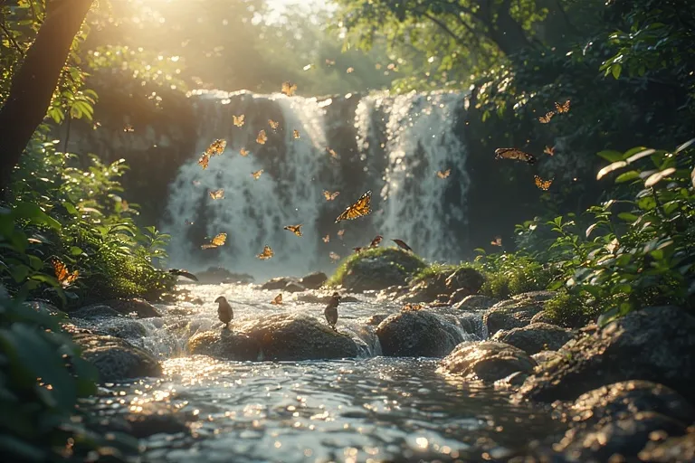 Beautiful Nature Ideas with Waterfalls 21 Waterfall with birds and butterflies surrounded by lush forest and sunlight.