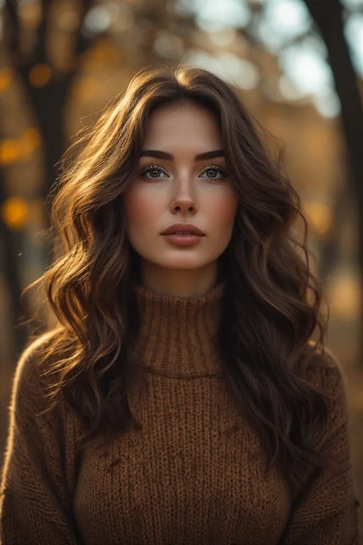 Woman with soft wavy hair embracing a fresh fall hairstyle surrounded by autumn leaves.