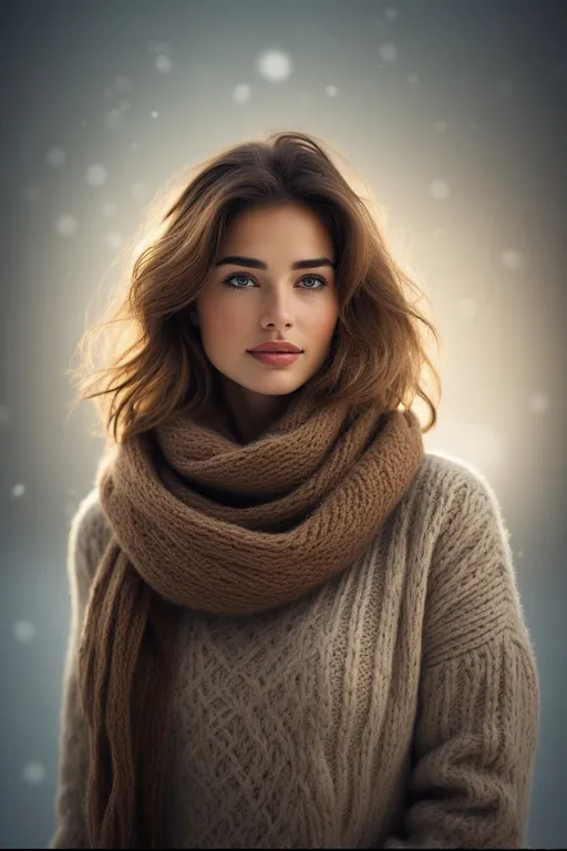 Winter Hairstyle Looks For Cozy And Chic Style 2025 2 Woman with soft winter hairstyle wearing cozy sweater and scarf in snowy background, radiating seasonal elegance.