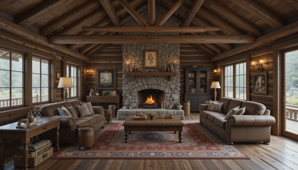 Warm rustic cabin interior with wooden beams, stone fireplace, and cozy seating area.