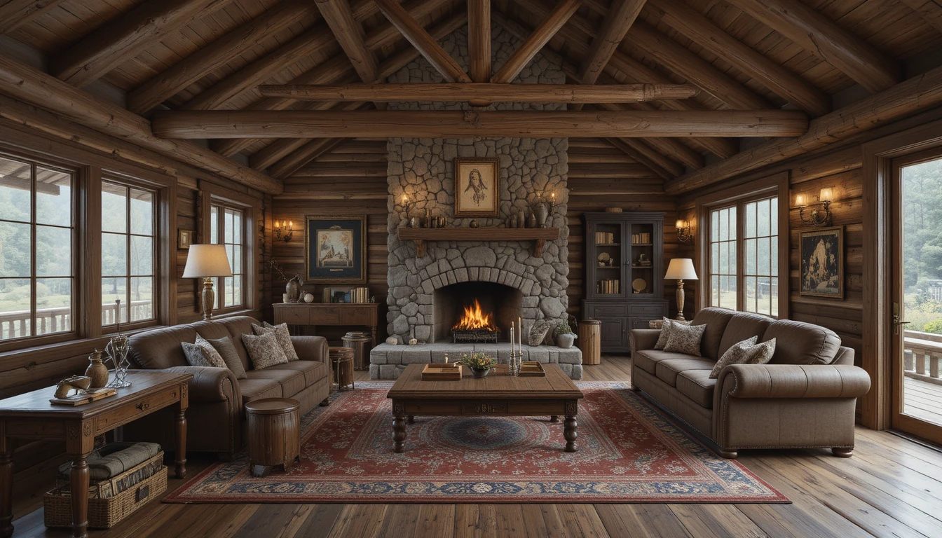 Warm rustic cabin interior with wooden beams, stone fireplace, and cozy seating area.