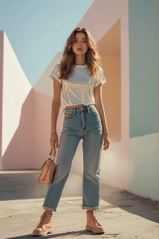 Modern Y2K-inspired outfit featuring metallic top and low-rise jeans with a nostalgic 2000s twist.