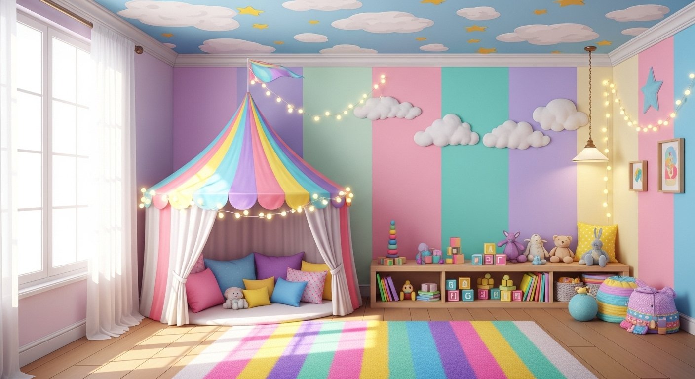 A whimsical kids’ bedroom with pastel walls, cloud and star murals, a cozy tent reading nook, colorful pillows, wooden toy storage, fairy lights, and a rainbow rug.