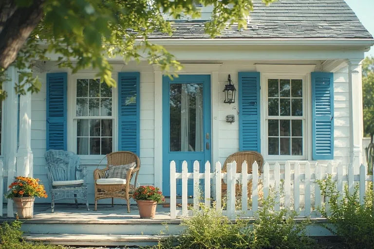 Charming Cottage Ideas for Timeless Comfort 3 White cottage with blue shutters, porch chairs, and coastal garden bathed in bright sunlight.