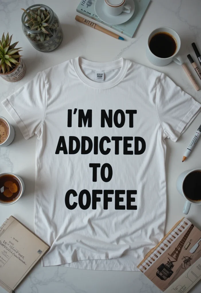 White Lie Ideas Funny Party Shirt Trends 2 Flat lay of a white T-shirt with a funny white lie quote “I’m Not Addicted to Coffee” beside coffee cups and stationery on a minimal desk.
