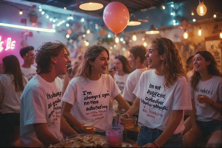 Friends at a lively party wearing white T-shirts with funny handwritten “white lies,” showcasing the playful and trendy White Lie Ideas Funny Party Shirt look.