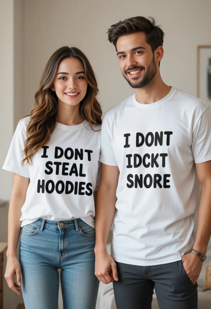 White Lie Ideas Funny Party Shirt Trends 6 Couple wearing coordinated white lie shirts with matching funny quotes, posing together in a cozy setting.