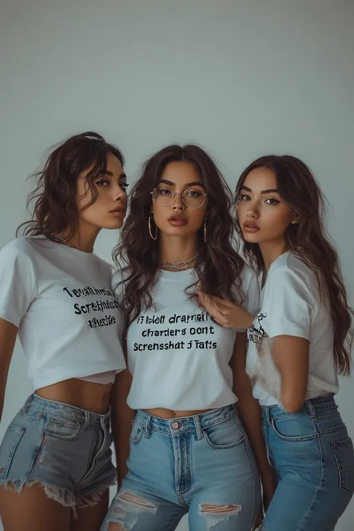 White Lie Ideas Funny Party Shirt Trend 5 Stylish women wearing white lie shirts with funny quotes posing together in a modern, minimalist setting.
