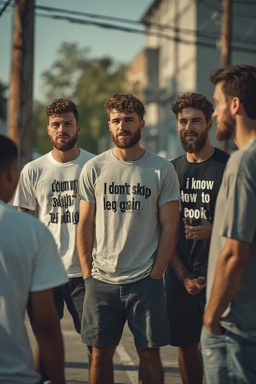 White Lie Ideas Funny Party Shirt Trend 6 Men wearing white lie shirts with humorous phrases like “I Don’t Skip Leg Day,” laughing in an outdoor urban setting.