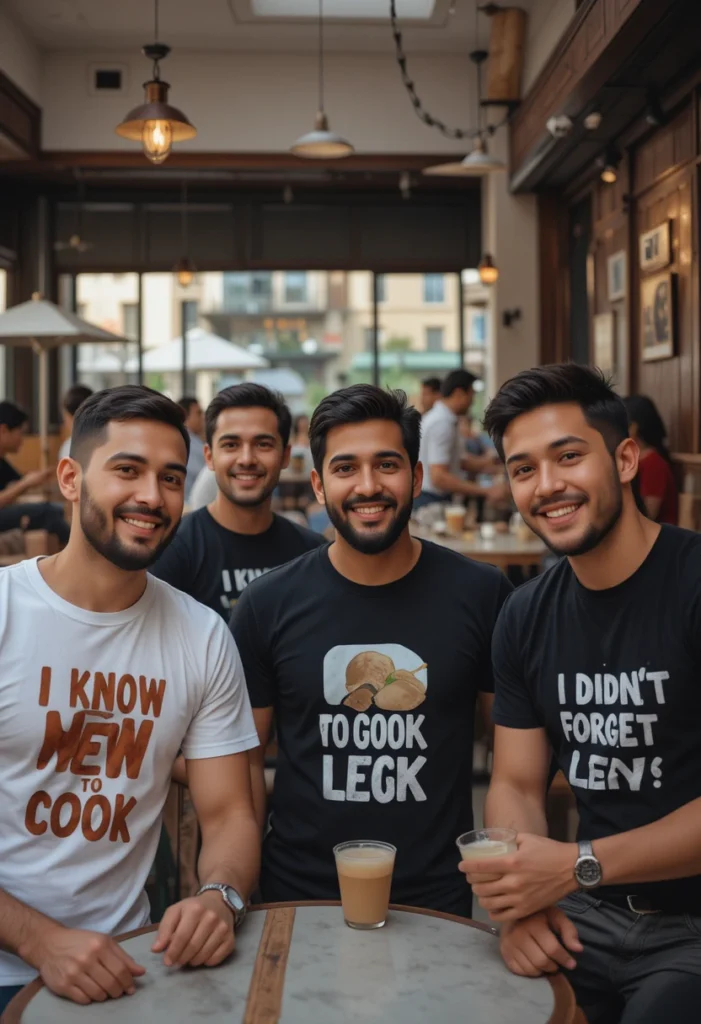 White Lie Ideas Funny Party Shirt Trends 5 Group of men wearing humorous white lie shirts with quotes like “I Know How to Cook” at a relaxed outdoor hangout.