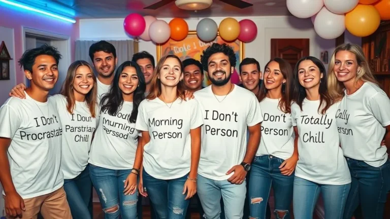 Friends at a fun party wearing white T-shirts with funny ironic sayings, representing the playful and viral White Lie Party Shirt Trend Ideas.