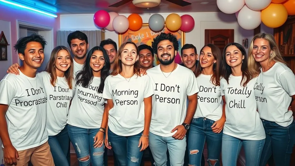 Friends at a fun party wearing white T-shirts with funny ironic sayings, representing the playful and viral White Lie Party Shirt Trend Ideas.
