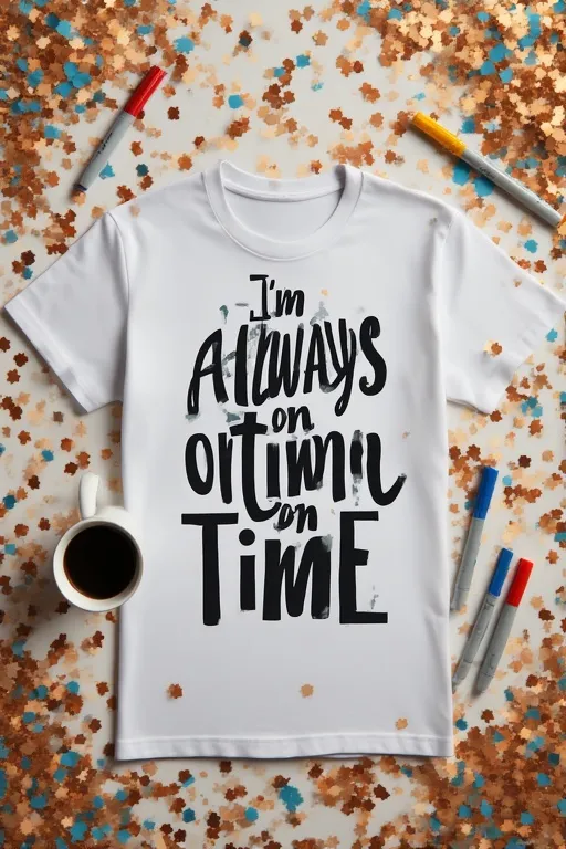White Lie Ideas Funny Party Shirt Trend 2 Flat lay of a white T-shirt with a funny quote “I’m Always on Time” surrounded by confetti and coffee, representing the white lie shirt trend.