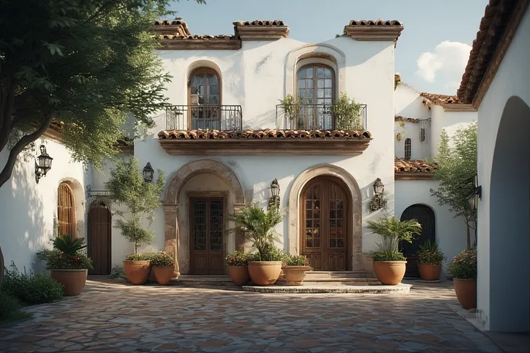 Chic Townhouse Exterior Designs 7 Full 16:9 view of elegant white stucco townhouse with bronze trim and Mediterranean design.