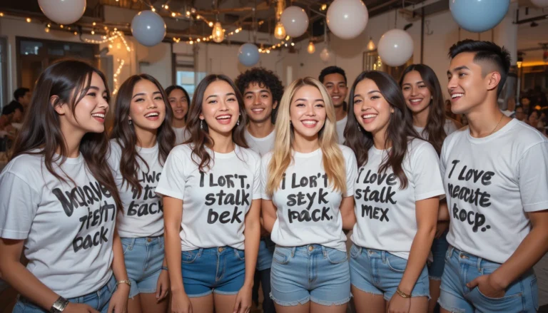 Group of friends at a white lie party wearing white T-shirts with funny and ironic white lie sayings, laughing and posing in a fun, trendy setting.
