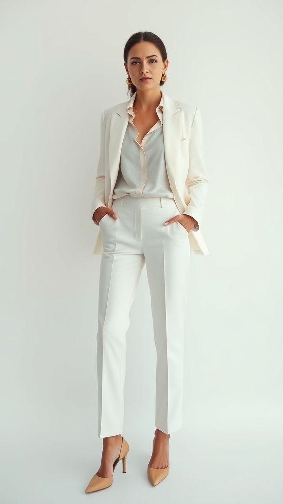 Effortless Neutral Outfits Ideas 4 All-white outfit with tailored trousers, silk blouse, and blazer styled for refined elegance