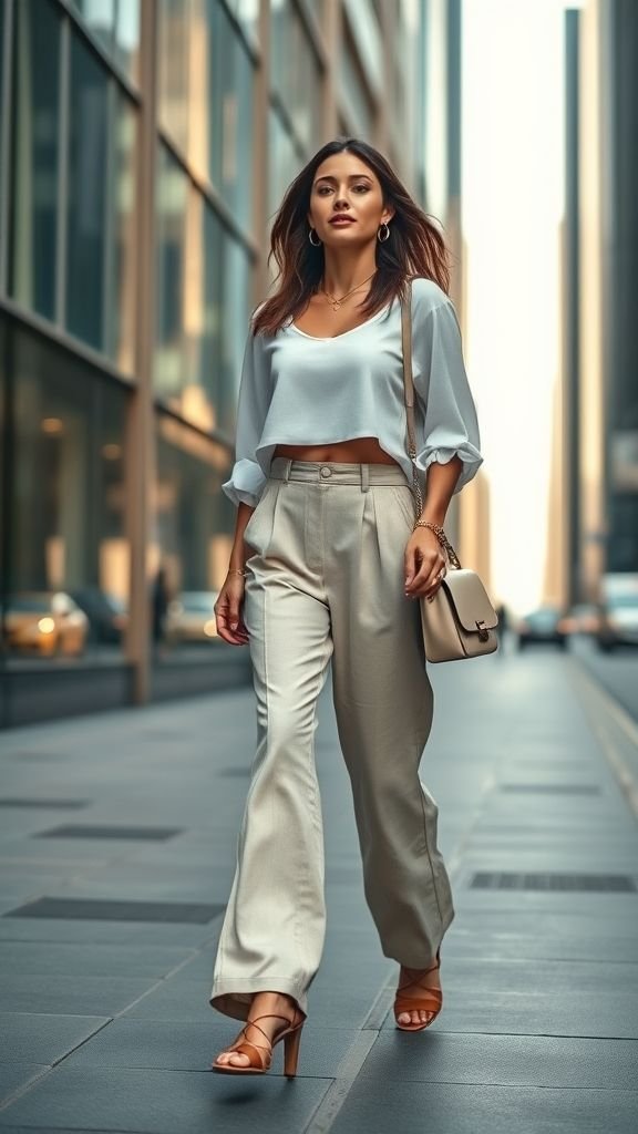 Street Style Looks: Trendy Outfit Ideas for Everyday Fashion 10 Wide-leg trousers styled with cropped top and sandals in a sophisticated street style look