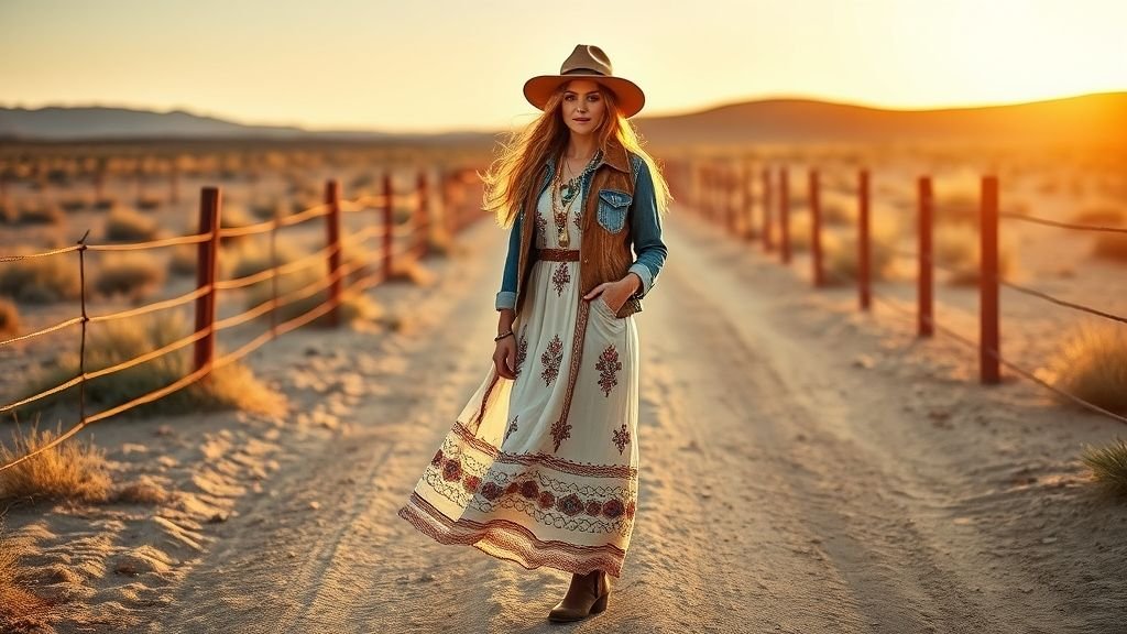 Woman in bohemian cowgirl outfit with maxi dress, denim jacket, fringe vest, hat, and boots standing on a desert trail at sunset