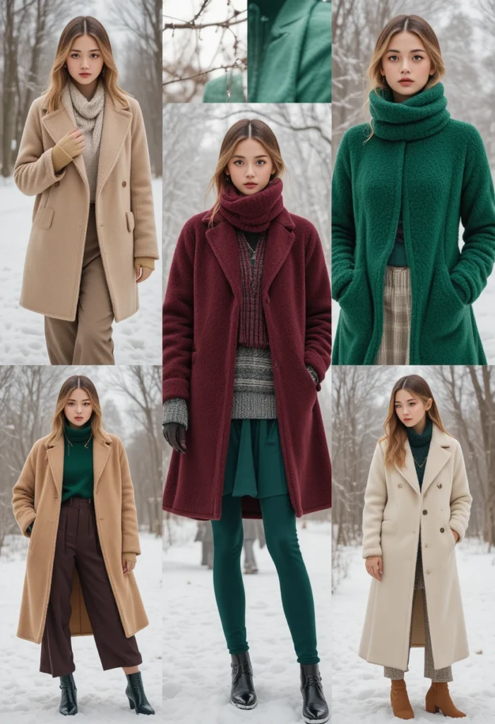 Winter fashion color palette featuring beige, emerald, and burgundy outfits styled for cold weather.