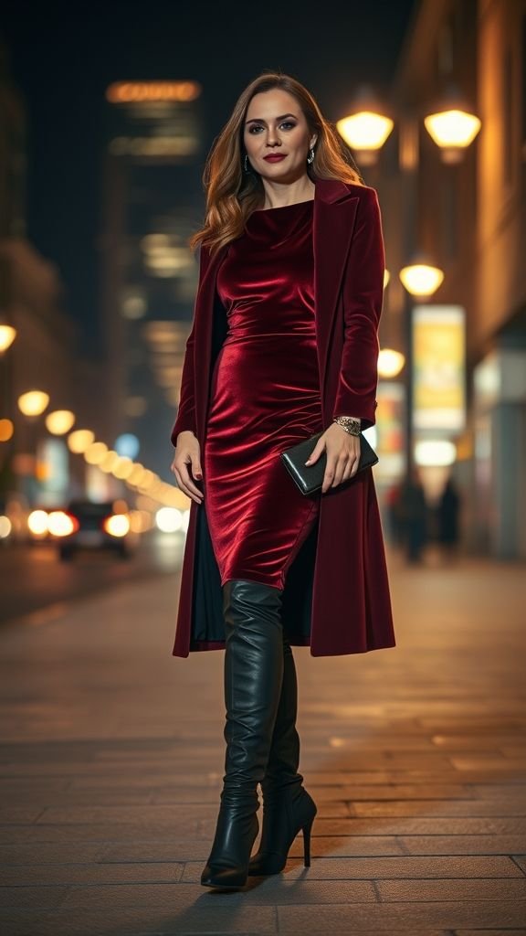 Winter Fashion Inspo: Stylish Cold-Weather Outfits for 2025 16 Woman in velvet dress and long coat exuding winter evening elegance.