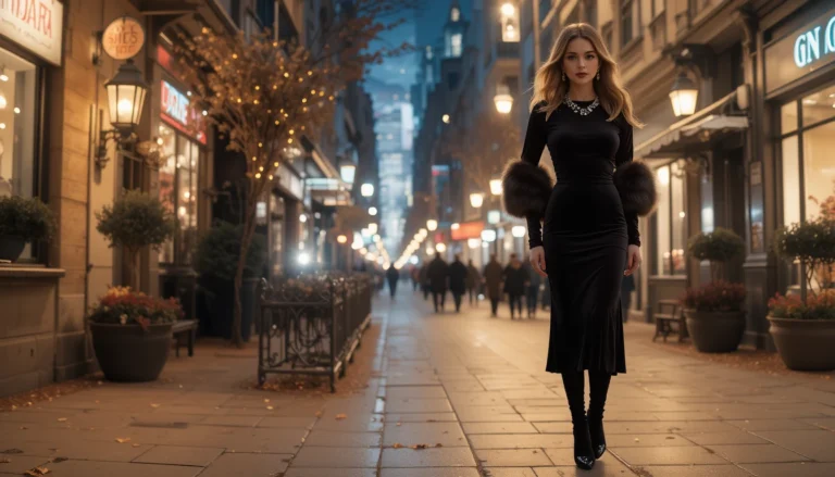 Stylish winter fashion inspo outfit featuring layered coat, turtleneck, scarf, and boots in a snowy urban setting, capturing cozy and chic winter style.