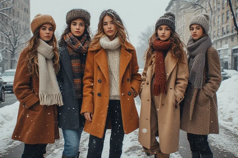 Trendy winter fashion inspo outfits with layered coats, sweaters, and scarves styled on a snowy city street for a cozy, modern look.
