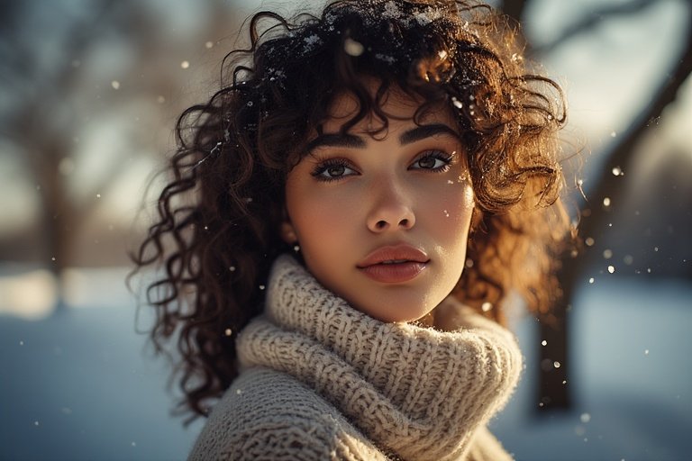 Stylish woman with soft winter curls wearing a cozy sweater and scarf in gentle snowfall, representing elegant winter hairstyle looks.