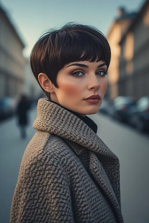 Winter Hairstyle Looks For Cozy And Chic Style 2025 9 Woman with pixie haircut styled for winter fashion, wearing beret and coat in urban winter scene.