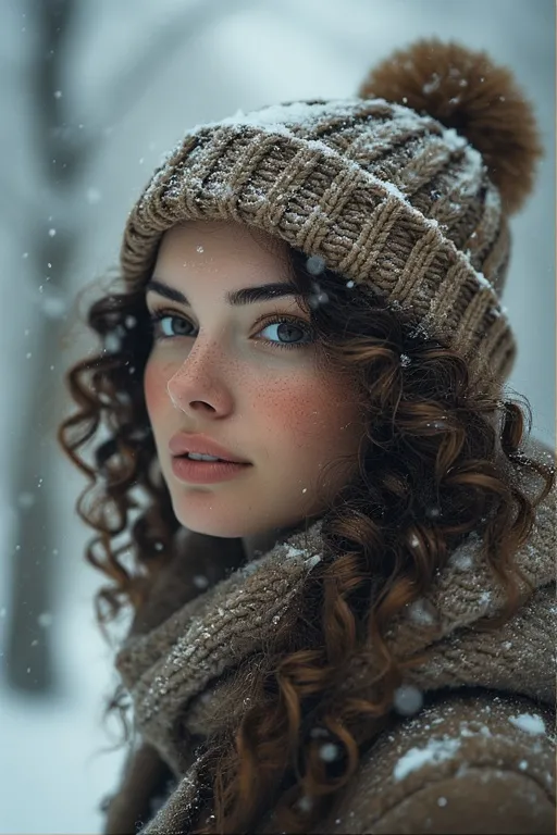 Minter style looks hairstyles trendy ideas 8 Woman with voluminous curly hair wearing a knitted hat, showing a healthy curly winter hairstyle.