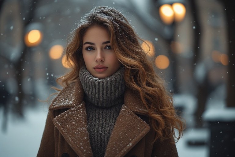 "Stylish woman with soft winter waves and glossy hair wearing a cozy coat in a snowy setting, showcasing elegant winter hairstyle inspiration."