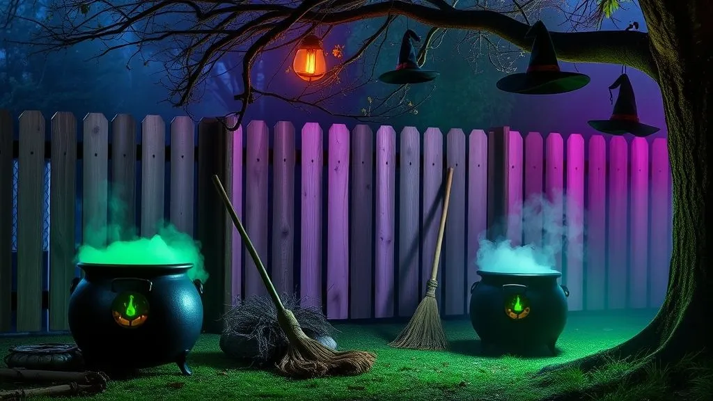 Spooky & Stylish Halloween Outdoor Decorations 5 Outdoor Halloween witch decor with cauldron, broomsticks, and glowing lights.