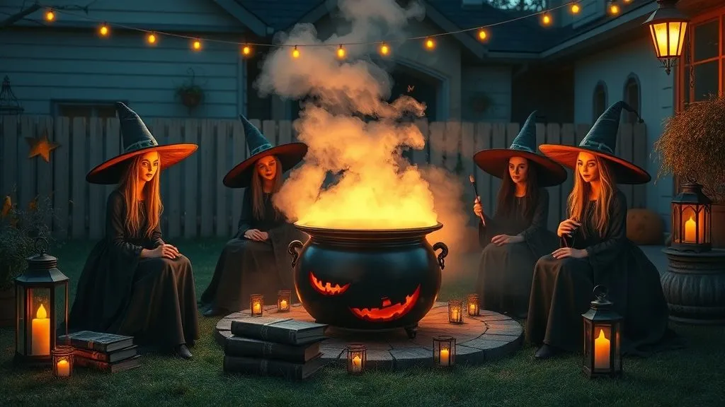Spooky Halloween Outdoor Decorations 5 Life-size witches gathered around a glowing cauldron with fog and Halloween decor.