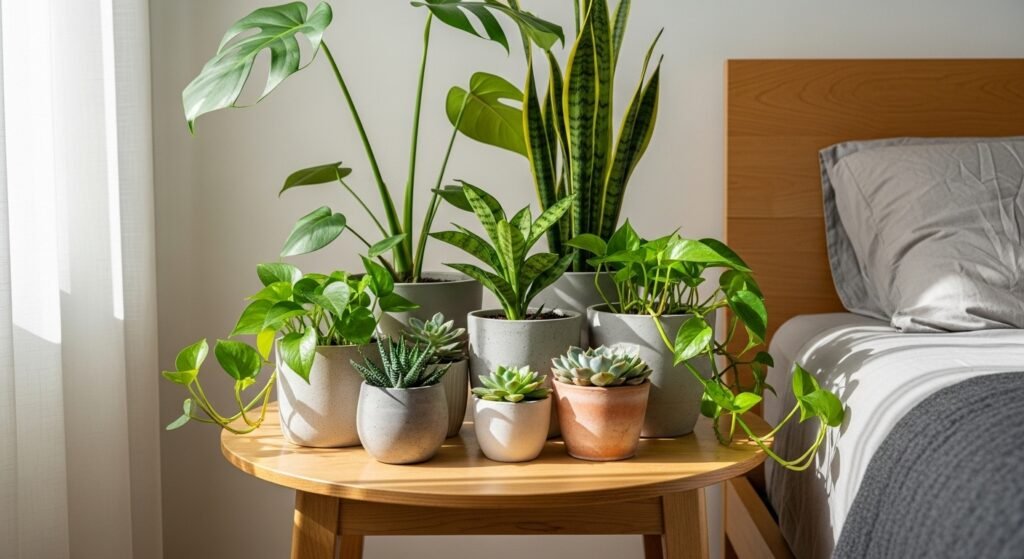 Modern Plant Lover Bedroom Ideas for a Serene Escape 10 Bedroom corner with a small plant table featuring various potted plants.
