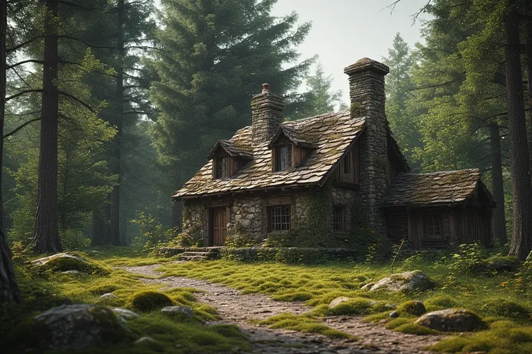 20 Cottage House Ideas You Will Love 13 Full 16:9 view of woodland cottage with stone chimney in forest.
