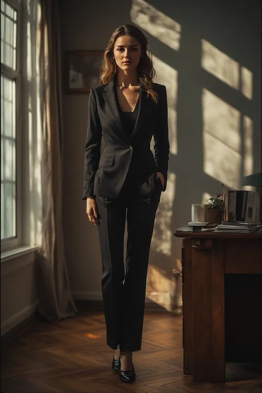 Sophisticated all-black office outfit with tailored blazer and trousers for modern workwear elegance.