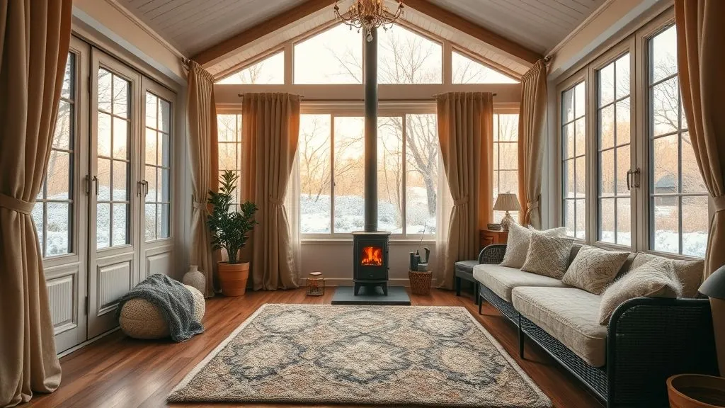 Bright & Cozy Sunroom Ideas 20 Heated sunroom with warm lighting, plush rugs, and cozy seating.