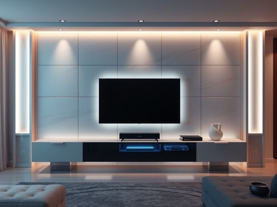 Modern Living Room TV Wall Ideas 7 Accent TV wall with LED backlighting and modern floating console.