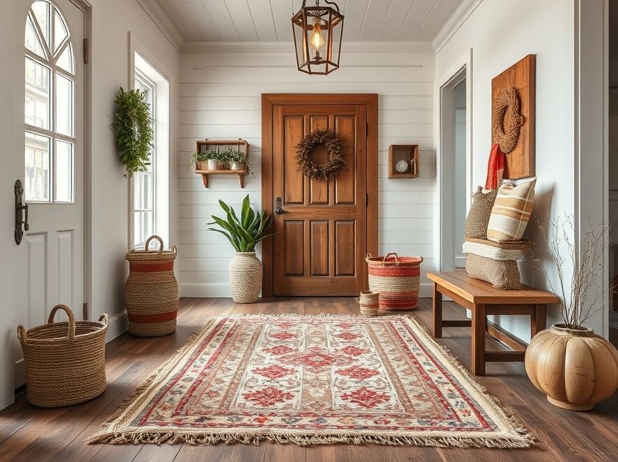 Rustic Entryway Ideas: Transform Your Home’s First Impression 11 Rustic entryway with characterful patterned rug and warm wooden flooring.