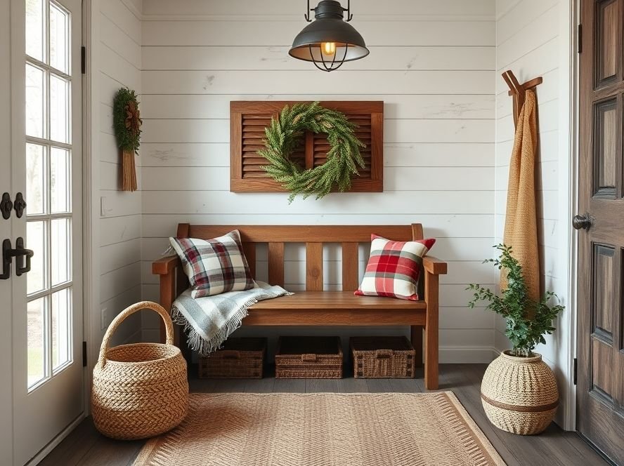 Rustic Entryway Ideas: Transform Your Home’s First Impression 3 Farmhouse-style entryway bench with cozy cushions and rustic textures.