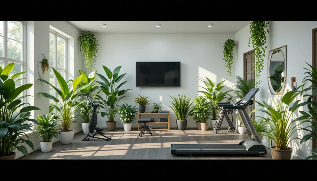 Gym Decor Ideas for Home 9 Home gym with indoor plants and natural lighting for a fresh, inviting look.