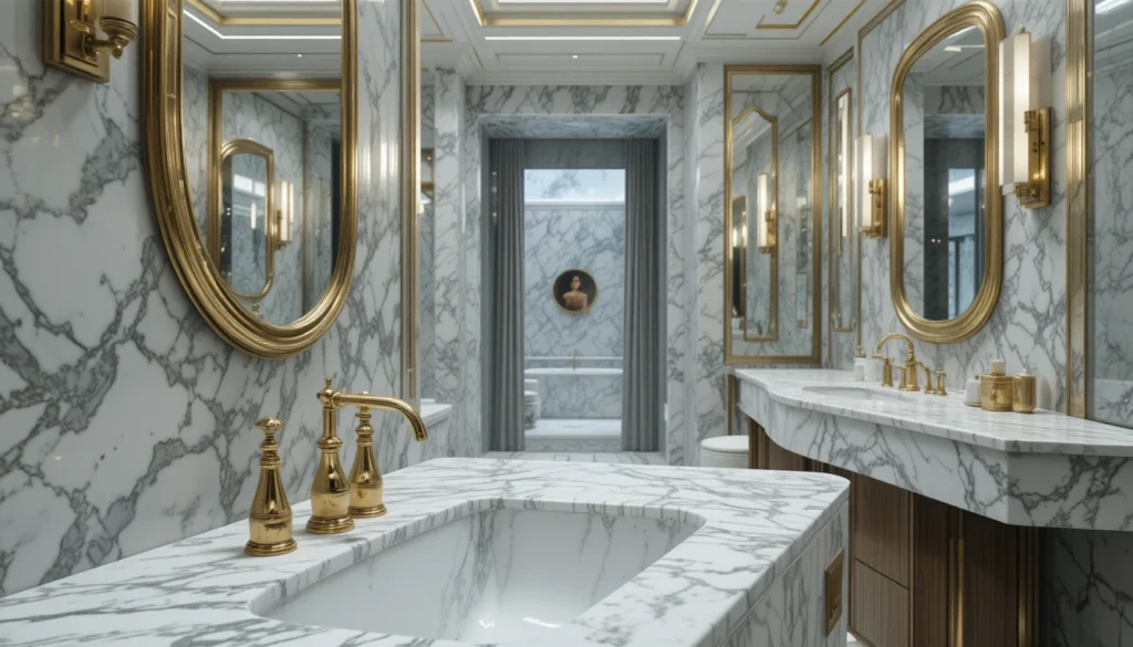 Luxury Bathroom & Shower Design Ideas 9 Metallic finishes adding glamour to a luxury bathroom with marble and gold details.