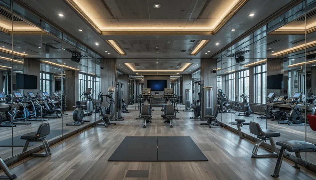 Gym Decor Ideas for Home 5 Home gym with large mirrors that expand and brighten the room.