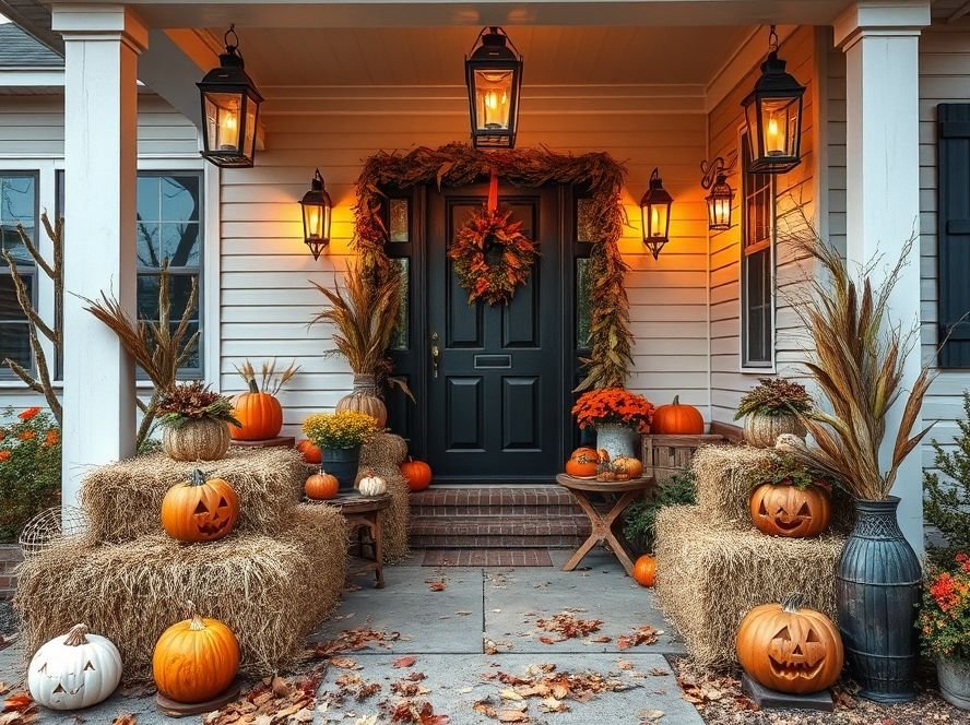 Halloween Porch & Outdoor Decorations 10 Halloween porch decorated with natural fall elements like hay bales and corn stalks.