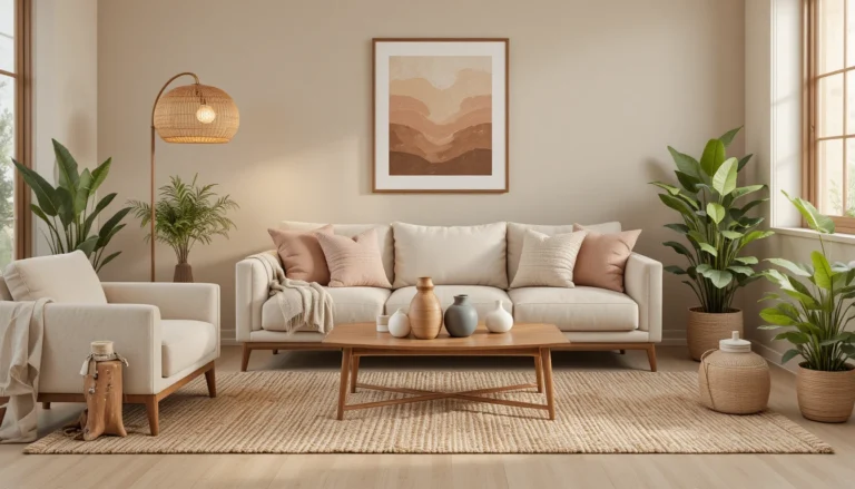 Cozy modern living room with warm beige tones, terracotta accents, and minimalist decor.