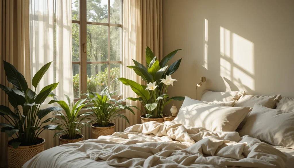 Modern Plant Lover Bedroom Ideas for a Serene Escape 3 Bedroom with snake plants and peace lilies enhancing air quality and calm ambiance.