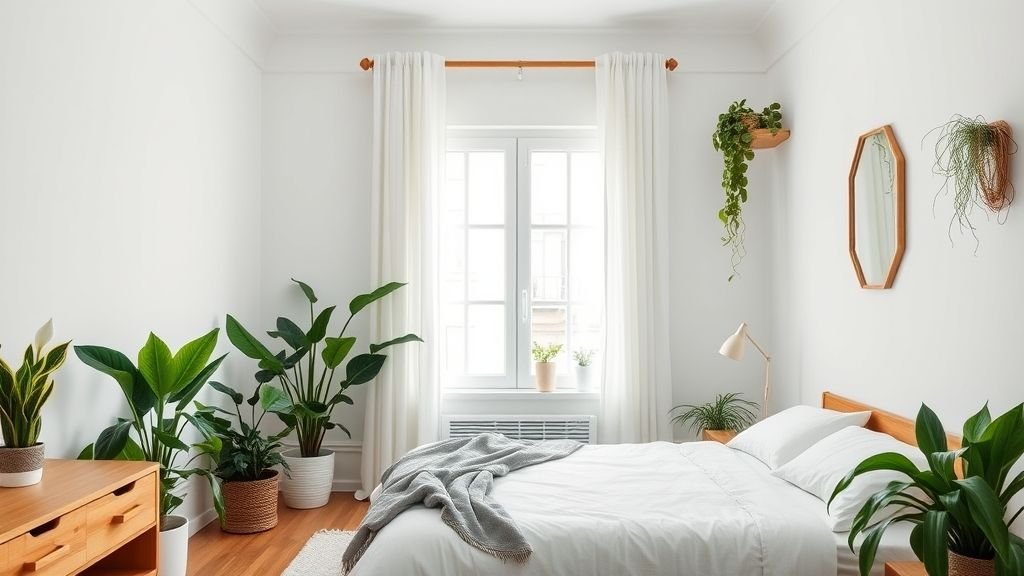 Plant Lover Bedroom Ideas: Bring Nature Into Your Sleep Sanctuary 2 Bright bedroom with peace lilies and snake plants near a window for clean air and a calm feel.