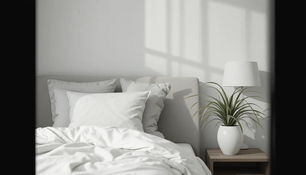 16 Dreamy Plant Lover Bedroom Ideas to Inspire Natural Decor 10 Minimalist bedroom with air-purifying plants in white pots beside the bed.