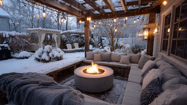 16 Cozy and Modern Backyard Fire Pit Ideas 17 Fire pit area designed for all seasons with heaters and cozy blankets.